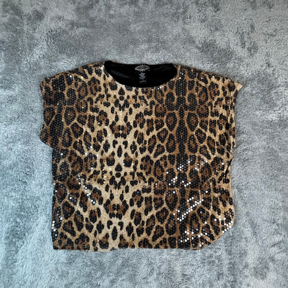 Oliver O Leopard Print Sequin Top Brown Black Animal Pattern Cap Sleeve Medium